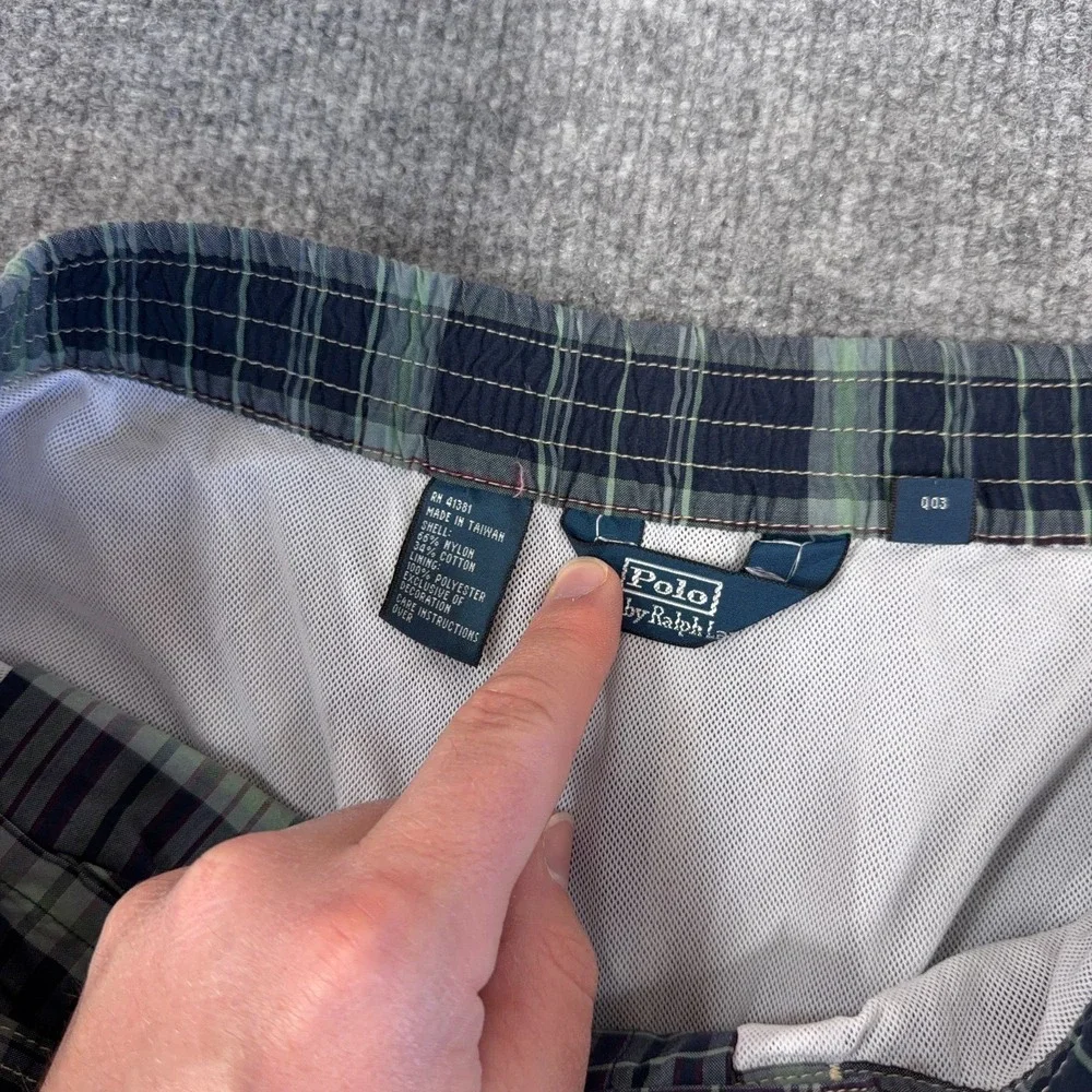 Vintage Polo Ralph Lauren Swim Trunks Mens Large Navy Blue Plaid Beach Swimwear